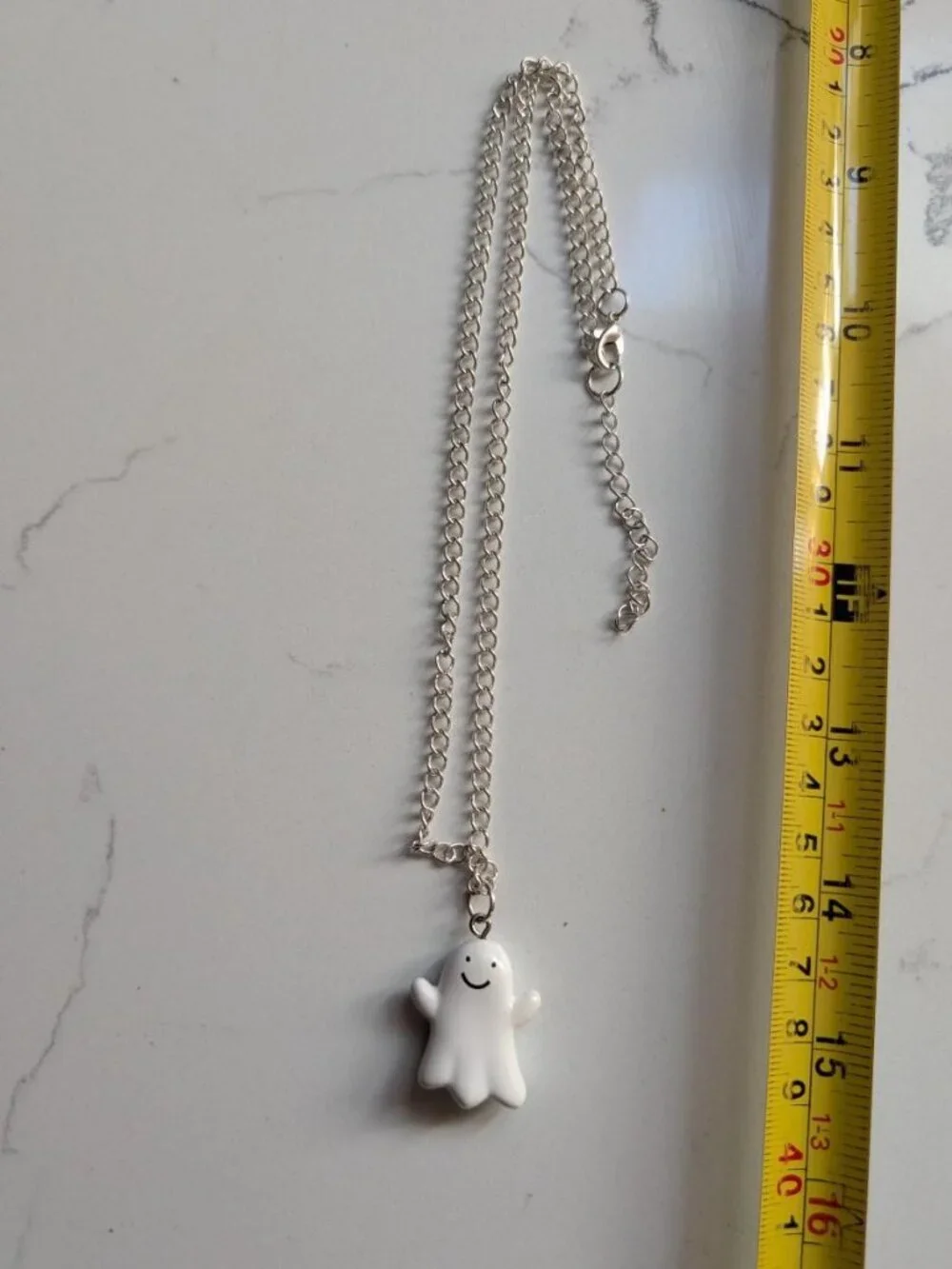 Cute Vintage Halloween Glossy White Resin Happy Smiling Ghost Pendant Necklace